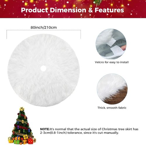 80 Inch Christmas Tree Skirt, Extra Large Thick Faux Fur, White Plush Velvet for Merry Christmas Party Decor