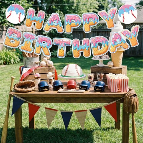 Baseball Ice Cream Drip Happy Birthday Banner - DIY Party Decor