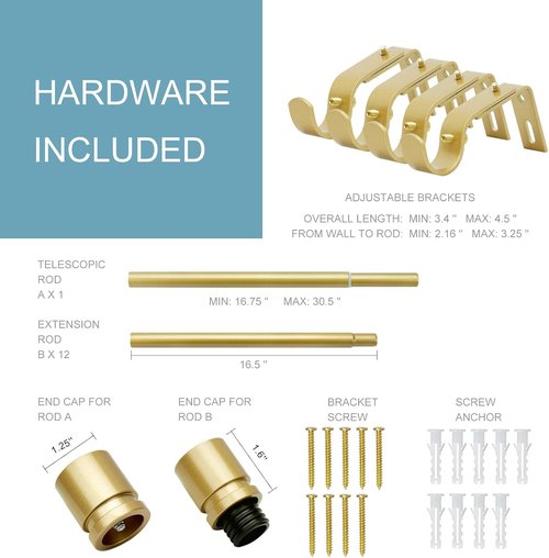 Byondeth Adjustable Curtain Rods - 16 to 200 Inches, 1 Inch Diameter, Flash Gold Aluminum Finials