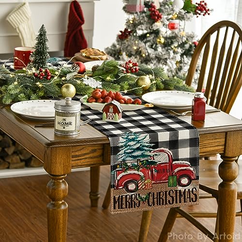 Christmas Tree Truck Table Runner 13x72 Inch Black White Holiday Decor - Artoid Mode