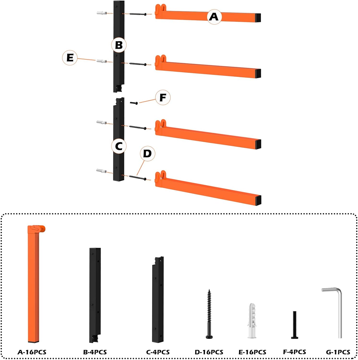 PINPON Heavy Duty Wall Mount Lumber Storage Rack - 4-Level Wood Organizer with 16.8” Arms, 110 lbs Capacity, Black & Orange