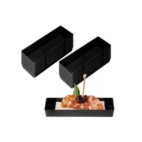 Restaurantware 5.2 x 1.8 Inch Mini Tasting Plates 100 Disposable Rectangle Plastic Plates - Durable Stylish Black Plastic Hors D'oeuvre Serving Plates For Desserts Or Appetizers At Parties