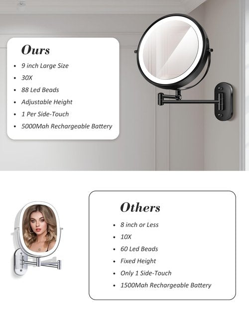 30X/1X Wall Mounted Lighted Makeup Mirror, 9'' Height Adjustable Double Sided 5000mAh Rechargeable Magnifying Bathroom Mirror with Light, 3 Color Modes Touch Dimmable Extended Arm 360 Rotation