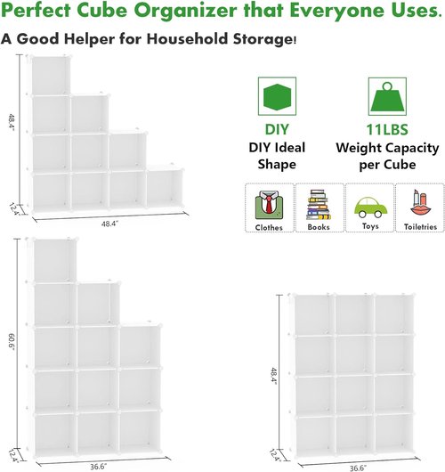 C&AHOME Cube Storage Organizer - 12-Cube Modular Shelves for Bedroom, Living Room & Office | 36.6" L x 12.4" W x 48.4" H