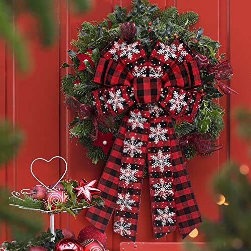 Christmas Wreath Bow Red Velvet Buffalo Plaid Snowflake Large Holiday Decoration