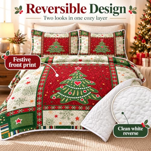 King Christmas Quilt Set with 3-Piece Patchwork Tree Design - Red, Bedding