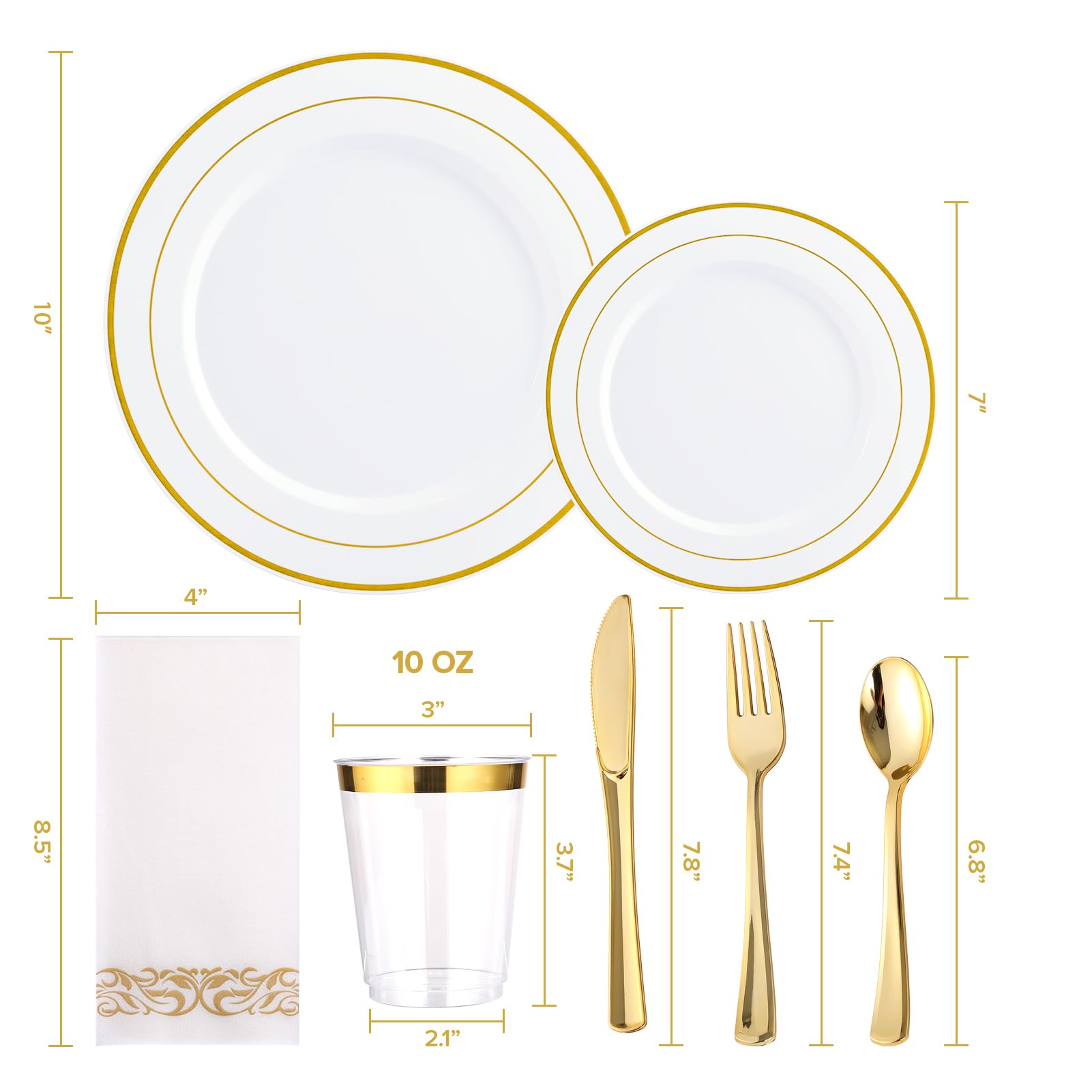 FOCUSLINE 350 Ct Disposable Dinnerware Set for 50 Guests -Heavy Duty Plastic Plates with Gold Rim, Includes 50 Dinner & Salad Plates, Cups, Napkins, Cutlery Set