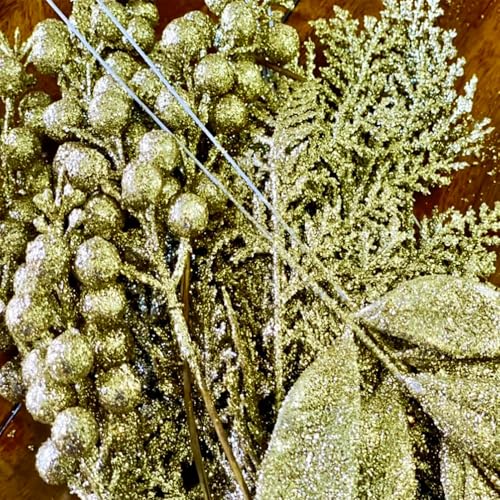 24pcs Gold Glitter Artificial Cedar Stems for Christmas Decor