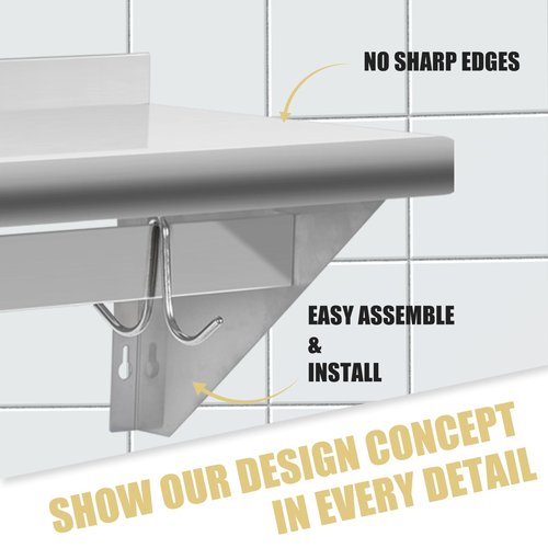 Hally Stainless Steel Shelf with 6 Hooks 18" x 48" Wall Mounted Pot Rack 400lb, NSF Commercial Floating Shelving for Storage Hanging Pots, Pans, cookware in Restaurant, Kitchen, Home and Hotel