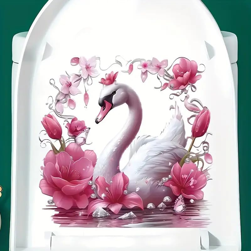 Floral Swan Toilet Lid Decal - Waterproof Self-Adhesive Bathroom Sticker