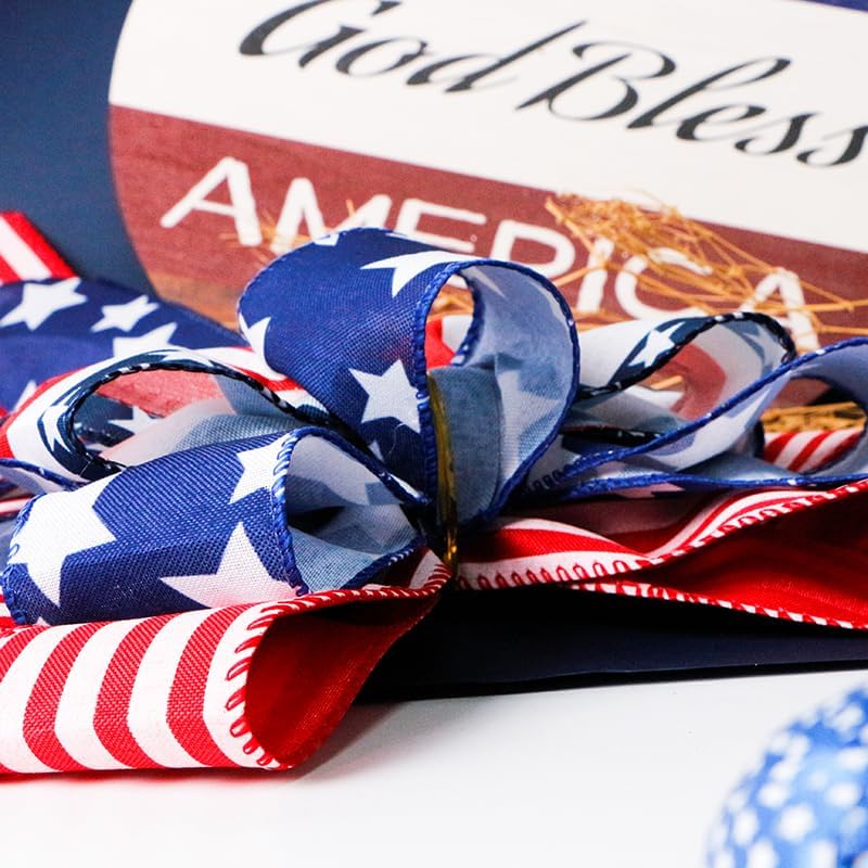 SIMISI Ribbon Patriotic Wreath Bow - 4th of July Decorations in Red, White & Blue Stars (11x20 Inch)