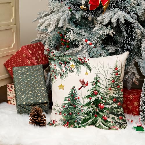 AACORS Christmas Pillow Cover 16x16 Inch Red Baubles Design