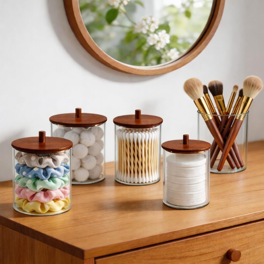 Skiennix Glass Qtip Holder Dispenser Set - 15oz & 10oz Cotton Swab Canisters with Acacia Lids | Bathroom Vanity Organizer (2 Pack)
