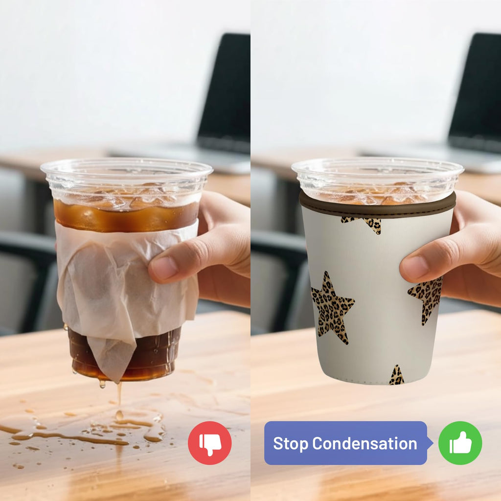 Puresora Iced Coffee Sleeve Reusable Cup Sleeves for Cold Drinks Neoprene Plastic Cup Covers for Drinks, Stars Leopard