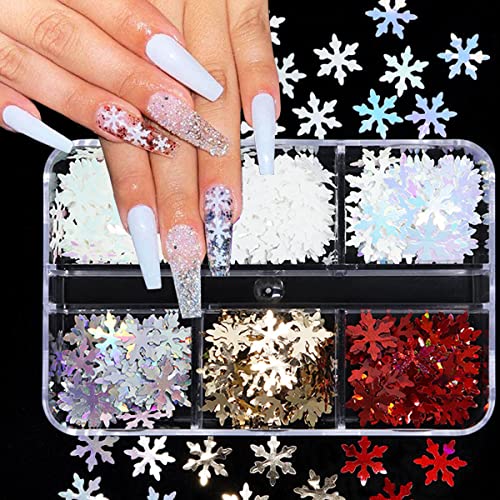 Christmas Snowflake Nail Glitter Sequins 6 Grids Holographic Winter Nail Art Decals