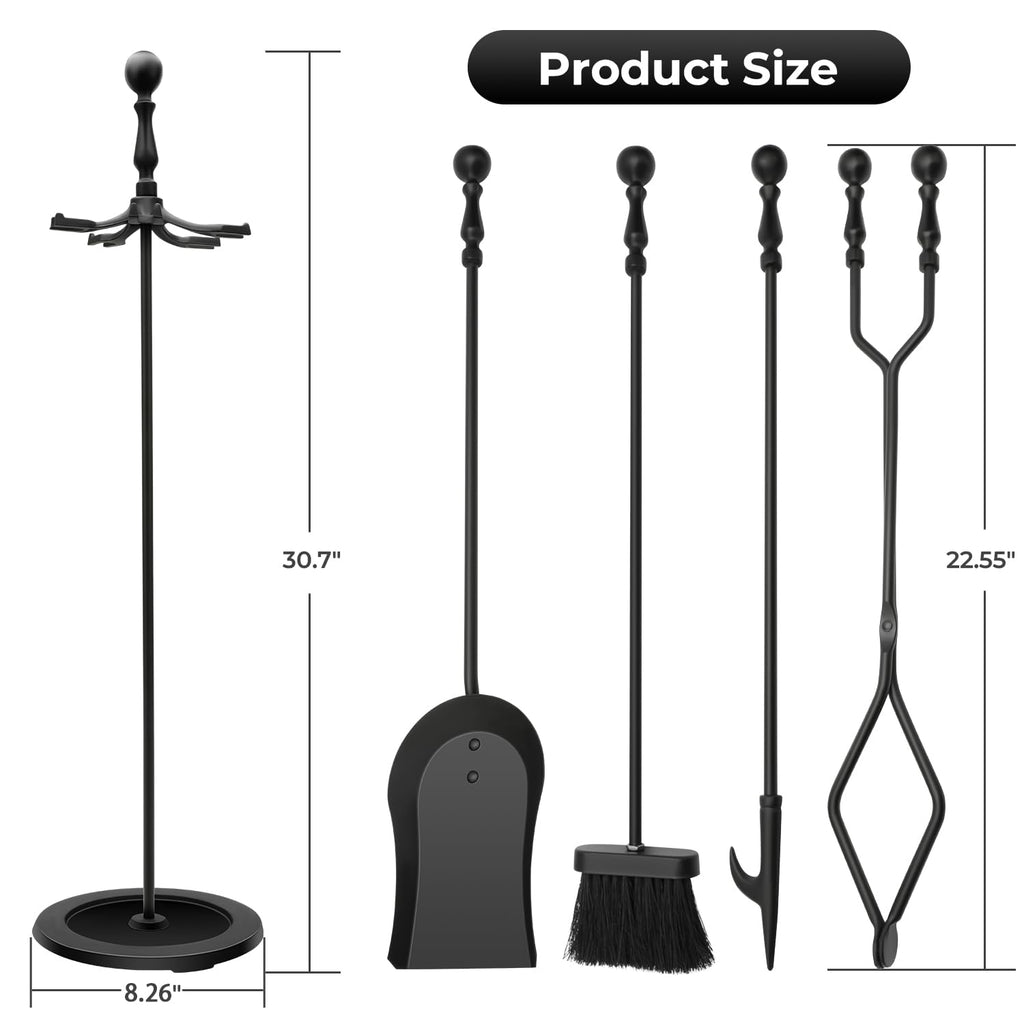 Nouetele Fireplace Tools Set 5-Piece - Heavy Duty Cast Iron Fire Place Tool Set with Stand, 31-Inch Stable Base, Includes Poker, Shovel, Brush & Tongs for Indoor Outdoor Wood Stove & Hearth, Black
