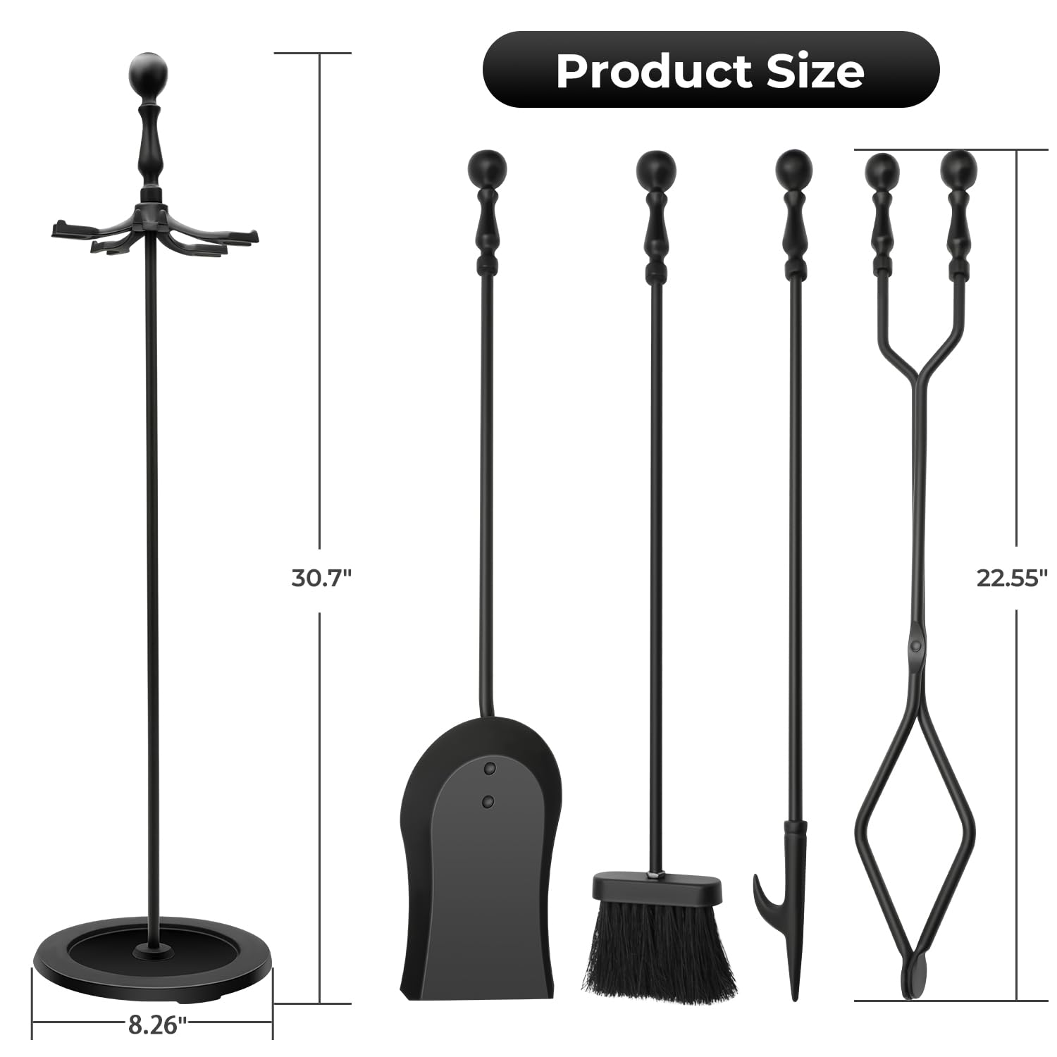 Nouetele Fireplace Tools Set 5-Piece - Heavy Duty Cast Iron Fire Place Tool Set with Stand, 31-Inch Stable Base, Includes Poker, Shovel, Brush & Tongs for Indoor Outdoor Wood Stove & Hearth, Black