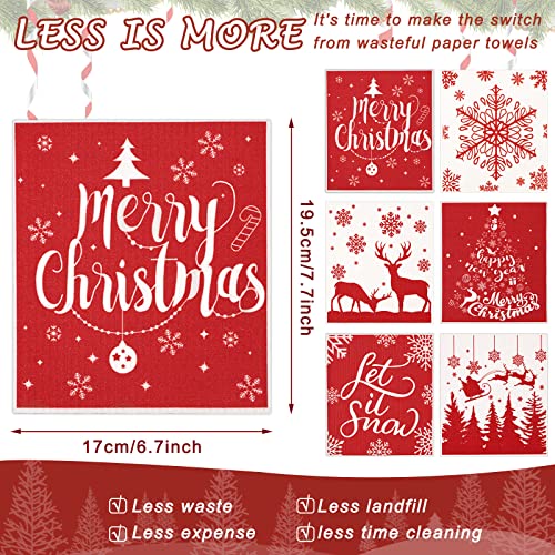 Red Christmas Swedish Dishcloths Set - Reusable Kitchen Towels with Snowflake Reindeer Tree Design