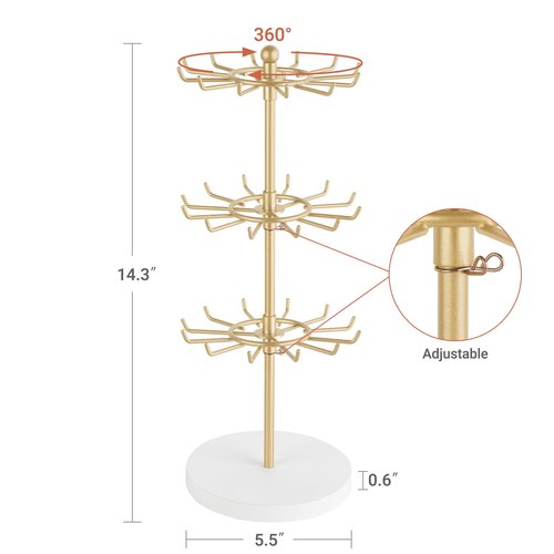 Mkono Bracelet Holder Gold Metal Rotating Bracelet Display Stand 3 Tier Jewelry Tower rack with 36 Hooks and Wood Base Modern Adjustable Storage Organizer Tree for Selling KeyChain Bangle Accessories