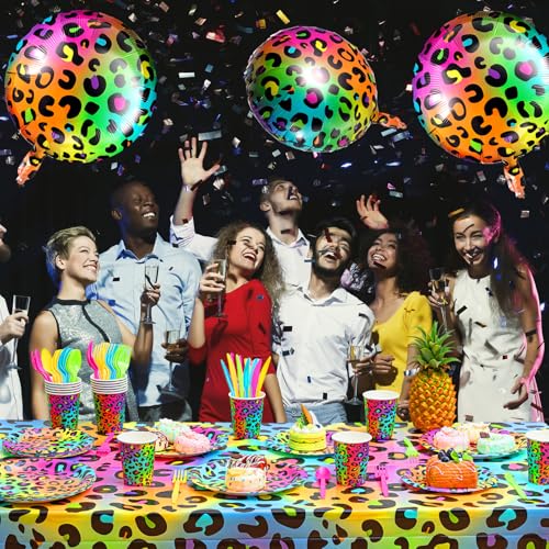 BBTO 18 Inch Multicolor Neon Rainbow Leopard Balloons - 6 Pcs