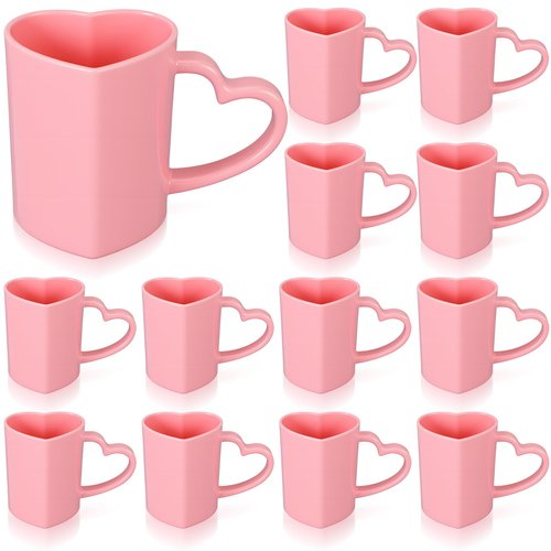 Baderke 12 Pcs Valentine's Day Heart Shaped Mugs with Handles 7.8 oz Reusable Pink Red Love Heart Plastic Drinking Cups for Birthday Wedding Anniversary Party Supplies(Pink)