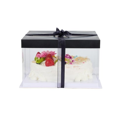 Restaurantware Sweet Vision 10 Inch x 8.25 Inch Transparent Cake Boxes 10 Grease Resistant Base Clear Cake Boxes - Black Lid Black Ribbon Plastic Birthday Cake Boxes For Weddings Or Birthdays