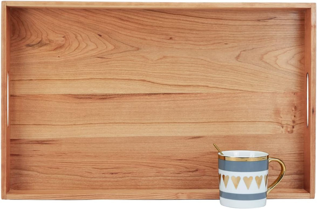 Regine Switzerland Large Rectangle Cherry Wood Ottoman Tray - 22 x 14 Inches with Handles for Serving Tea, Coffee, or Breakfast in Bed