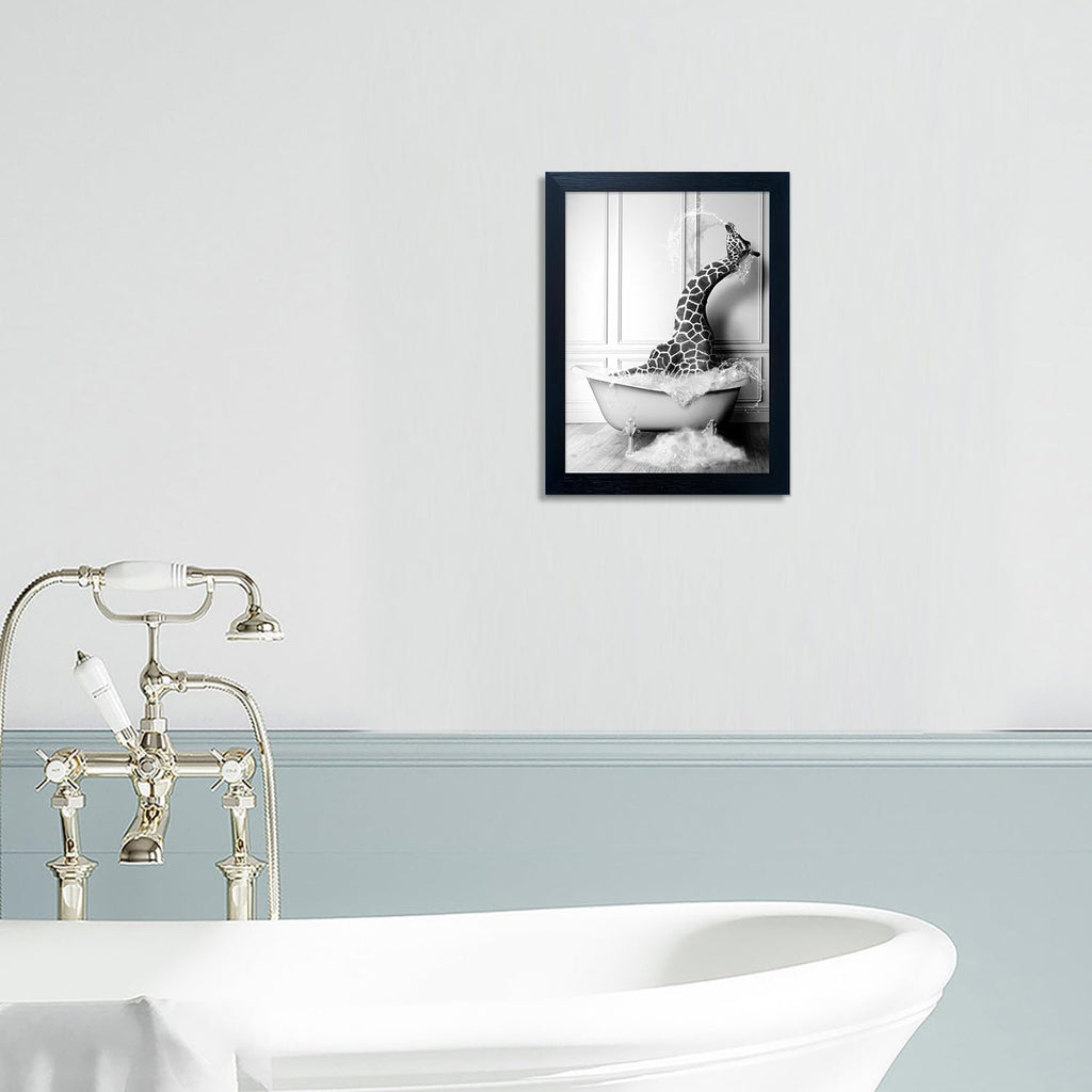 Skiennix Giraffe in Bathtub Canvas Print - Funny Black and White Bathroom Wall Art | Framed Farmhouse Decor