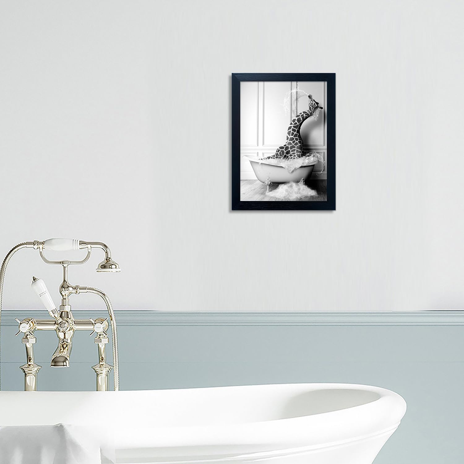 Skiennix Giraffe in Bathtub Canvas Print - Funny Black and White Bathroom Wall Art | Framed Farmhouse Decor