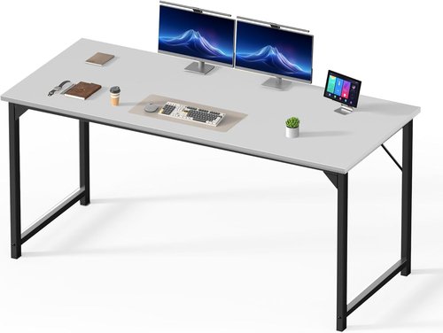 DUMOS 63-Inch Computer Desk - Modern Home Office Study Table with Triangular Reinforcement | White Wood Finish