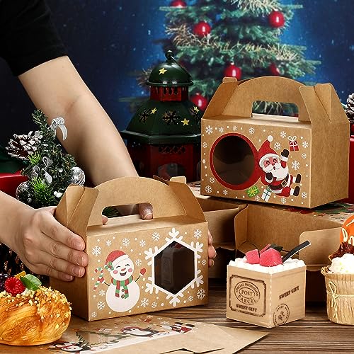 Christmas Treat Boxes with Window - 24 Pack, Gable Design, Handle, 6 Styles, 6 x 3.5 x 3.5 Inches