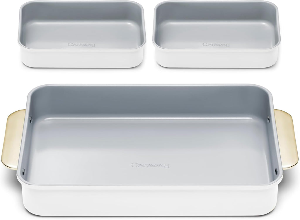 Caraway Nonstick Baking Pan Set - 2x 9" x 6.5" & 1x 9" x 13" - Non-Toxic Ceramic, Aluminized Steel - Ideal for Casseroles & Lasagna - White