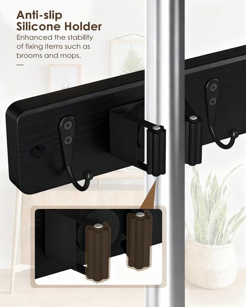 AceMining Wall-Mounted Broom Holder - 4 Holders & 4 Hooks, Natural Pine Wood with Anti-Slip Rubber