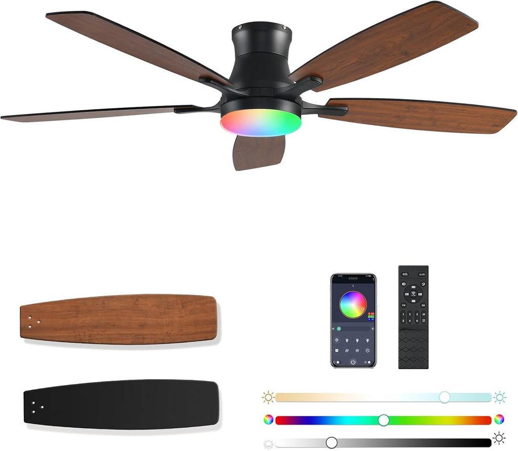FUMLTP Ceiling fans with Lights, 54 In RGB Low Profile Indoor Ceiling fan with Light and Remote/App Control, Dimmable, Flush Mount, DC Reversible Motor, Noiseless Modern Ceiling Fan For Bedroom（Brown）