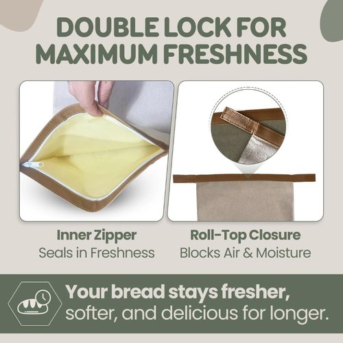 LOAF STORY Double Lock Reusable Beeswax Bread Bags Featuring NEW WIDE Comfort Zipper and Roll Top Velcro Closure, Fully Open XL Airtight Bread Storage for Freezer and Fridge, Gift for Bakers, 2 Pack