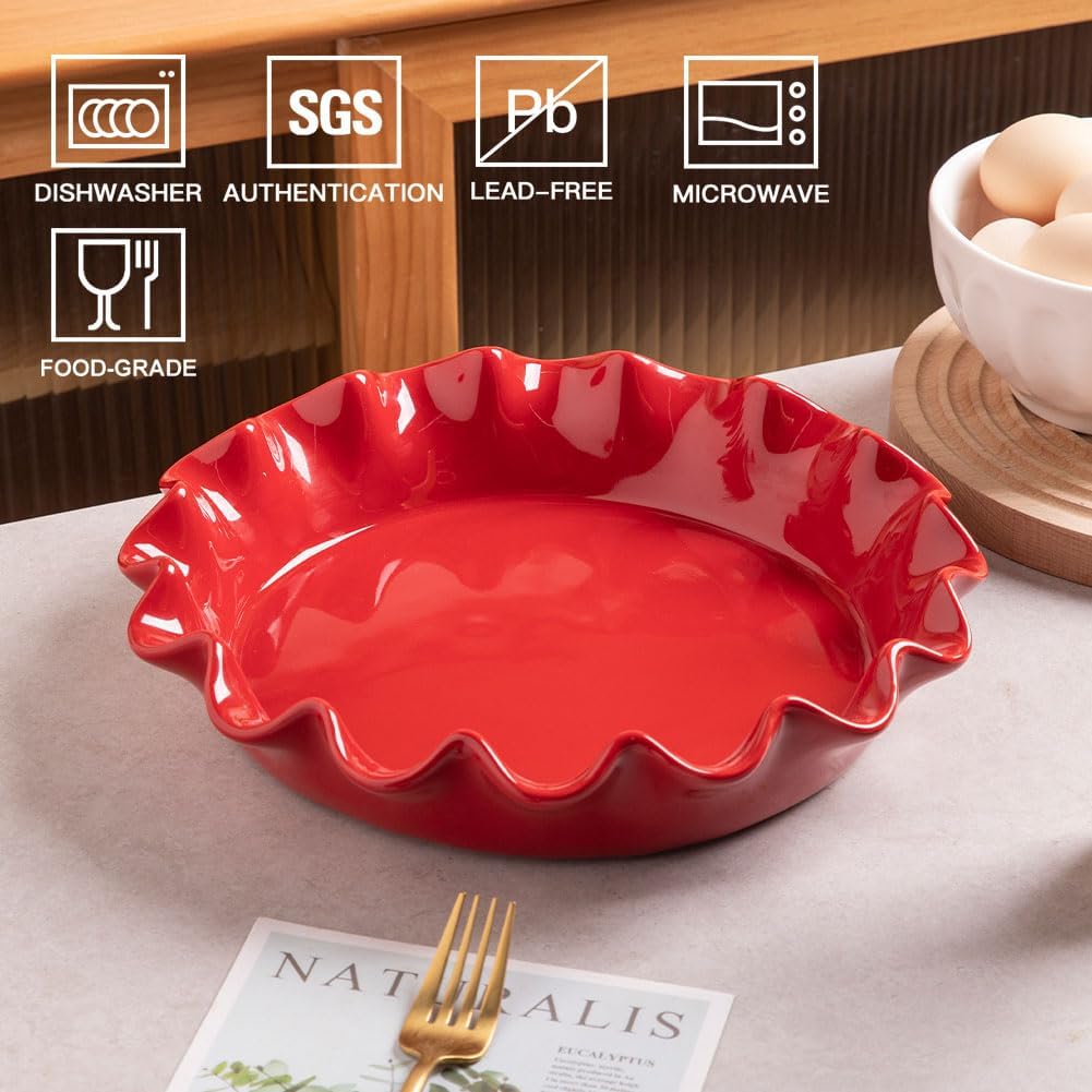 Sweejar Ceramic Pie Pan - 11.5 Inches Deep Fluted Porcelain Dish | Non-Stick Red Design for Baking