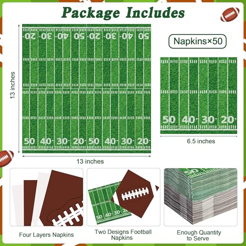Football Party Supplies - 50 PCS Disposable Napkins (6.5 Inch) for Game Day