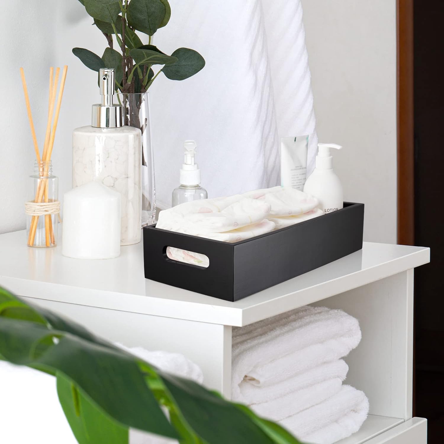 ALELION Black Bathroom Basket - Wooden Toilet Tank Paper Organizer with Handle | Stylish Storage Solution for Bathroom Decor