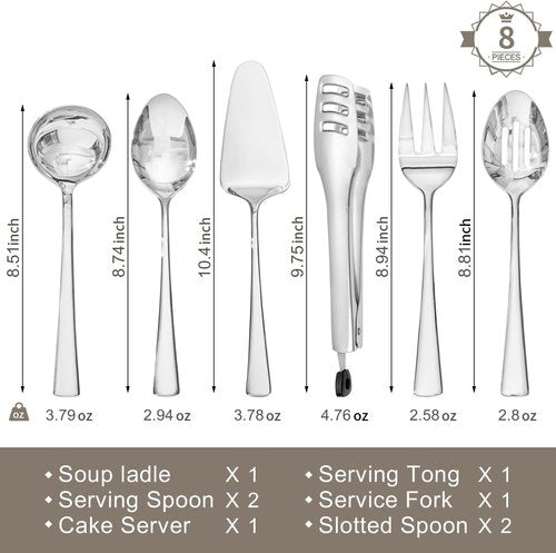 KINGSTONE 8-Piece Serving Utensils Set - Durable 18/10 Stainless Steel | Perfect for Buffets & Parties