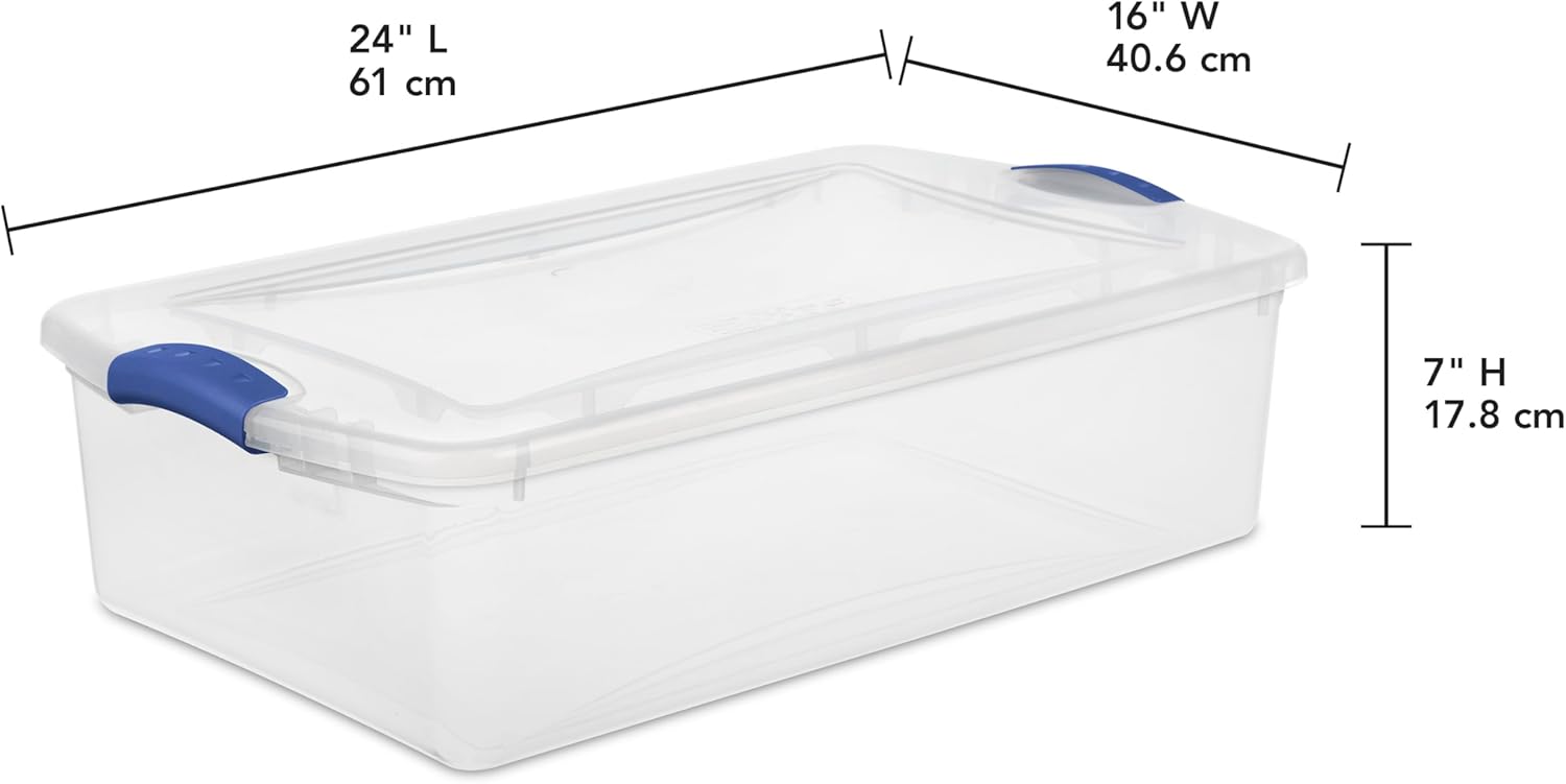 Sterilite 32 Quart Clear Plastic Storage Bins - Stackable Containers with Lids & Blue Latches for Home Organization