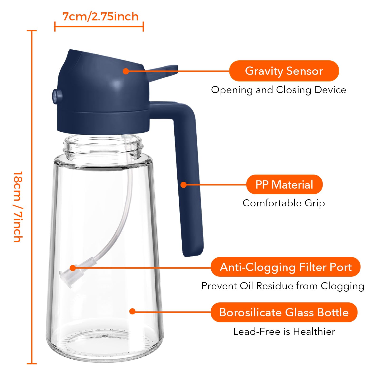 YARRAMATE 16oz/470ml Glass Olive Oil Sprayer for Cooking with Stickers, 2 in 1 Oil Dispenser for Kitchen Gadgets, Food Grade Premium Spray Bottle with Portion Control for Salad, BBQ (Navy)