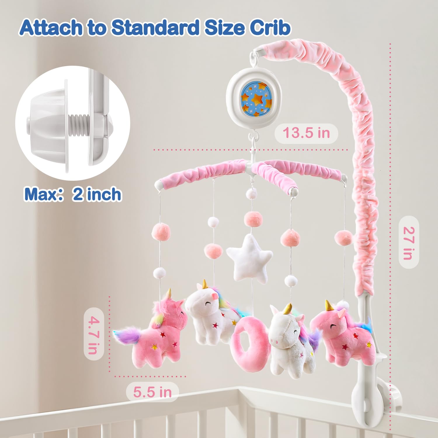 Unicorn Baby Crib Mobile for Girls with Music Box (100+ Lullabies), Rotating Plush Crib Toys for Newborns, Infant, Baby Shower Gift