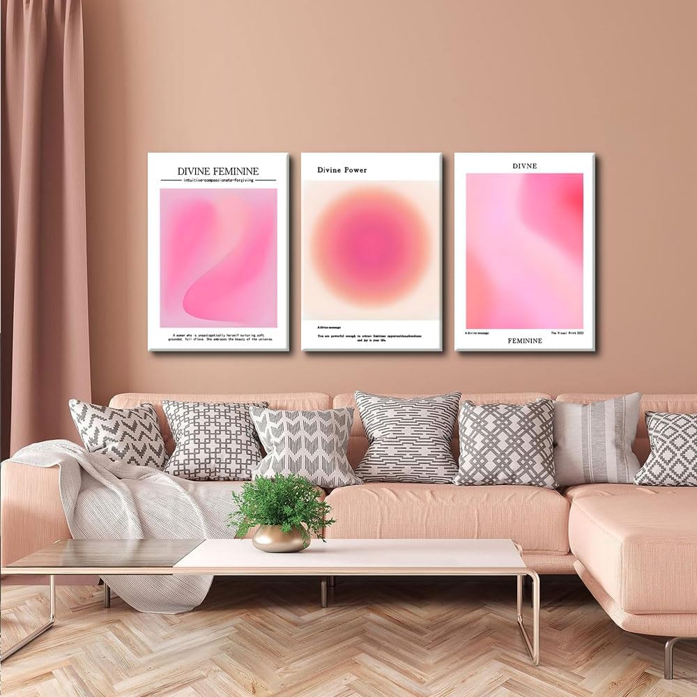 Trendy Aesthetic Canvas Wall Art Set of 3 - Pink Gradient Aura Angel Posters | Framed 12x16 Inch Decor