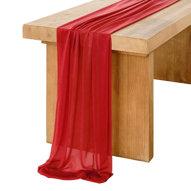 Ling's Moment 14ft Red Table Runner - Wedding Sheer Chiffon, 1pc
