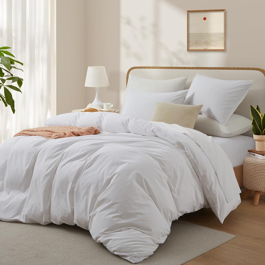 Regine Switzerland 100% Washed Cotton Duvet Cover - Breathable White Bedding Set, Queen Size 90x90 Inches