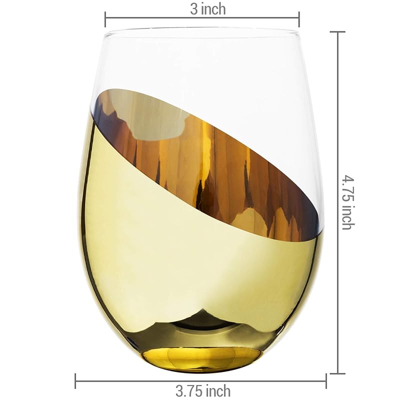 MyGift Brass-Plated Stemless Wine Glass Set of 6 - 18 oz, White or Red, Angled Bottom (Variation: Brass-6)
