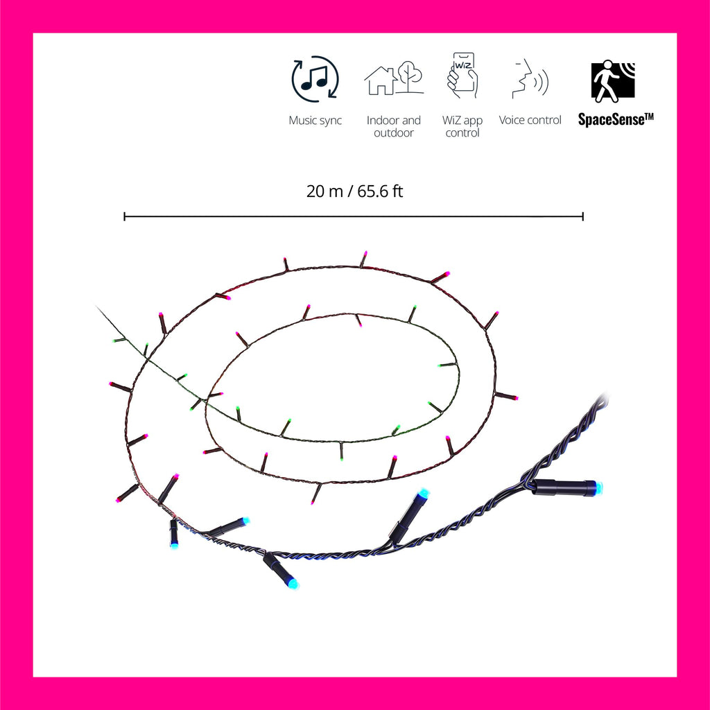 WiZ Connected Fairy Lights, 65.6ft RGB LED Smart Color-Changing, Static and Dynamic Modes, Music Sync, App and Voice Control