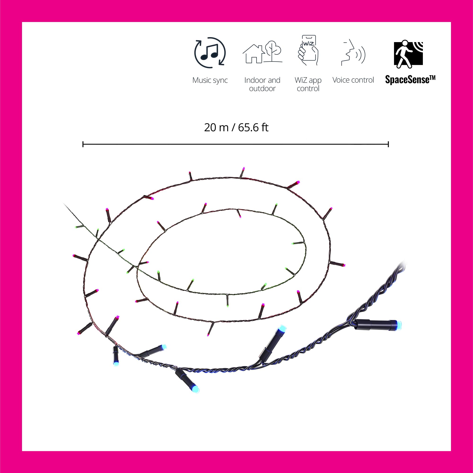 WiZ Connected Fairy Lights, 65.6ft RGB LED Smart Color-Changing, Static and Dynamic Modes, Music Sync, App and Voice Control