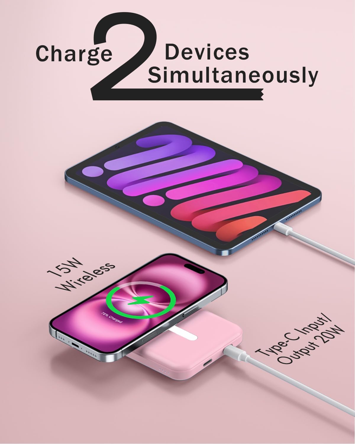 Podoru Magnetic Power Bank - 5000mAh Magsafe Battery Pack with 20W Fast Charging | Pink