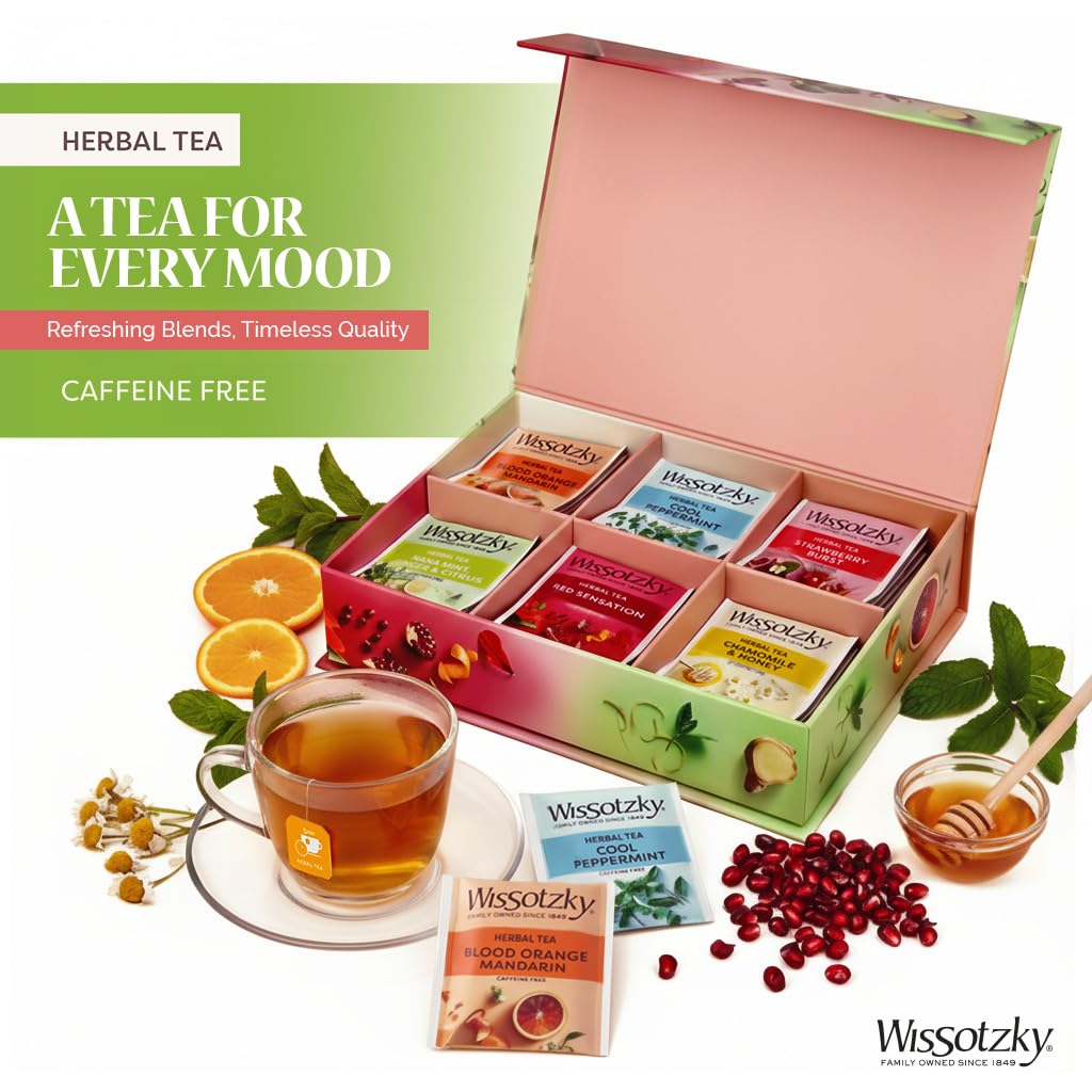 Wissotzky Herbal Tea Variety Pack Sampler (42 Tea Bags) in a Premium Reusable Gift Box | Mothers Day Gift | Caffeine-Free | 6 Exciting Flavors | Individually Wrapped Tea Bags | Ideal Present for Holiday & Corporate Gifting | Magnetic Closure Box | Kosher